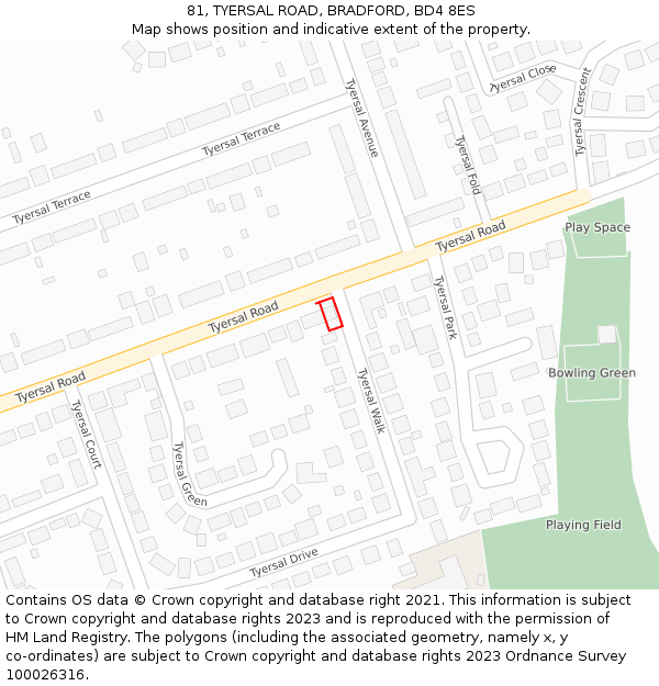 81, TYERSAL ROAD, BRADFORD, BD4 8ES: Location map and indicative extent of plot