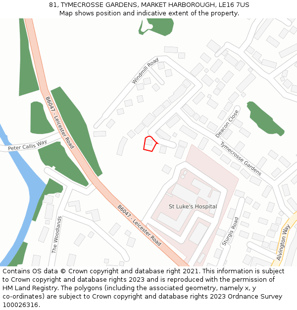 81, TYMECROSSE GARDENS, MARKET HARBOROUGH, LE16 7US: Location map and indicative extent of plot