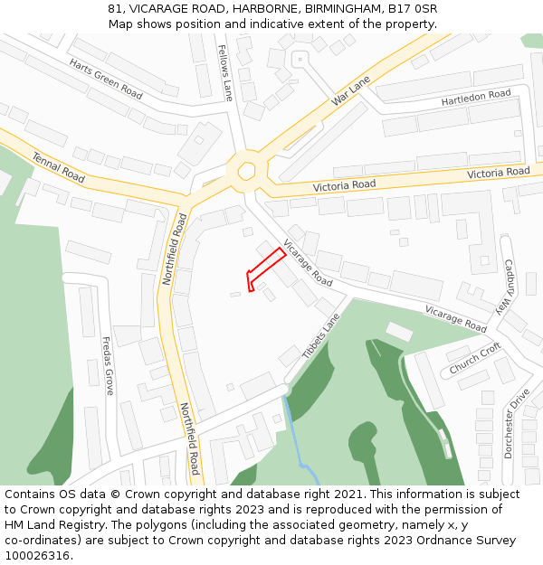 81, VICARAGE ROAD, HARBORNE, BIRMINGHAM, B17 0SR: Location map and indicative extent of plot