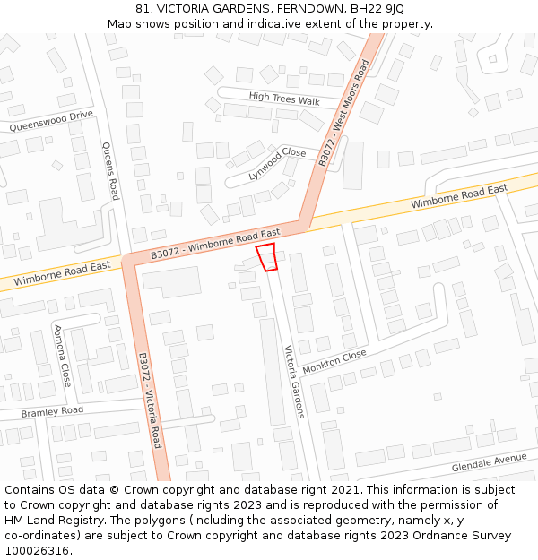 81, VICTORIA GARDENS, FERNDOWN, BH22 9JQ: Location map and indicative extent of plot