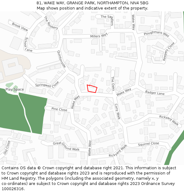 81, WAKE WAY, GRANGE PARK, NORTHAMPTON, NN4 5BG: Location map and indicative extent of plot