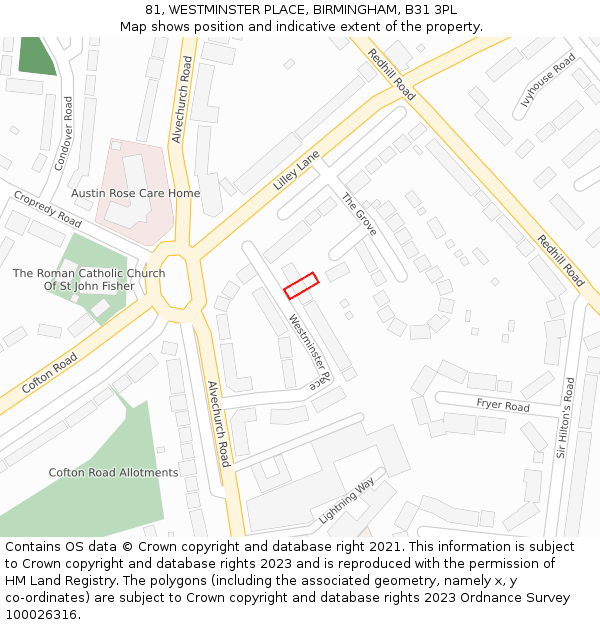 81, WESTMINSTER PLACE, BIRMINGHAM, B31 3PL: Location map and indicative extent of plot