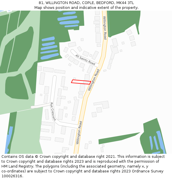 81, WILLINGTON ROAD, COPLE, BEDFORD, MK44 3TL: Location map and indicative extent of plot