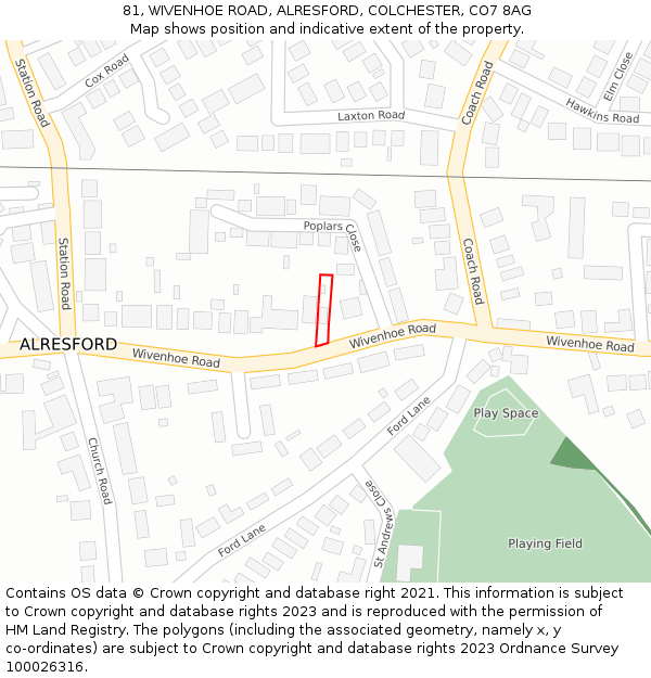 81, WIVENHOE ROAD, ALRESFORD, COLCHESTER, CO7 8AG: Location map and indicative extent of plot