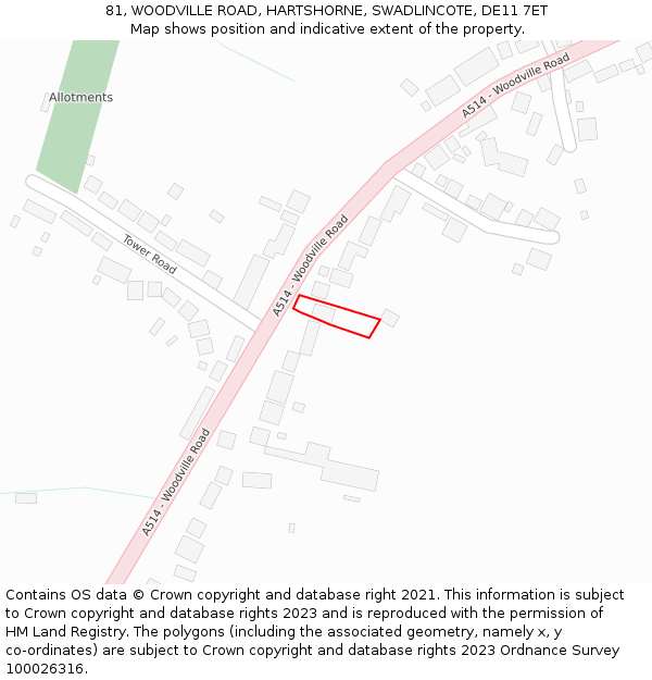 81, WOODVILLE ROAD, HARTSHORNE, SWADLINCOTE, DE11 7ET: Location map and indicative extent of plot