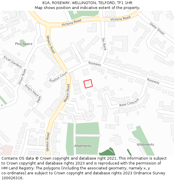 81A, ROSEWAY, WELLINGTON, TELFORD, TF1 1HR: Location map and indicative extent of plot