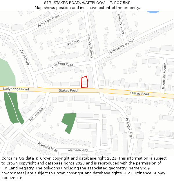 81B, STAKES ROAD, WATERLOOVILLE, PO7 5NP: Location map and indicative extent of plot