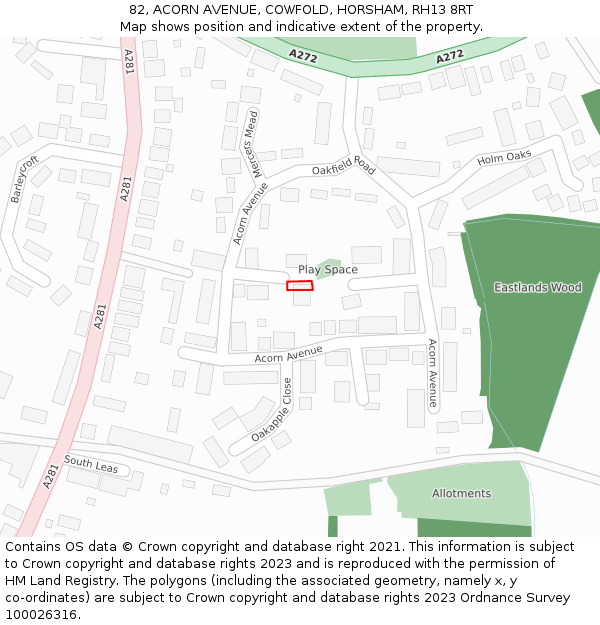 82, ACORN AVENUE, COWFOLD, HORSHAM, RH13 8RT: Location map and indicative extent of plot