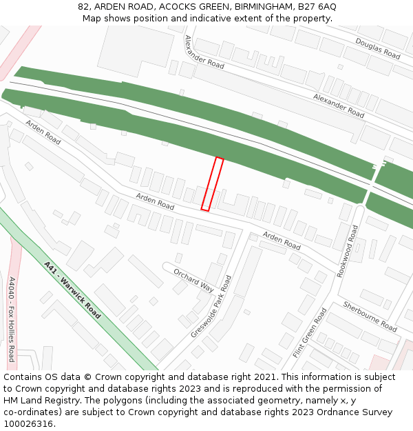 82, ARDEN ROAD, ACOCKS GREEN, BIRMINGHAM, B27 6AQ: Location map and indicative extent of plot