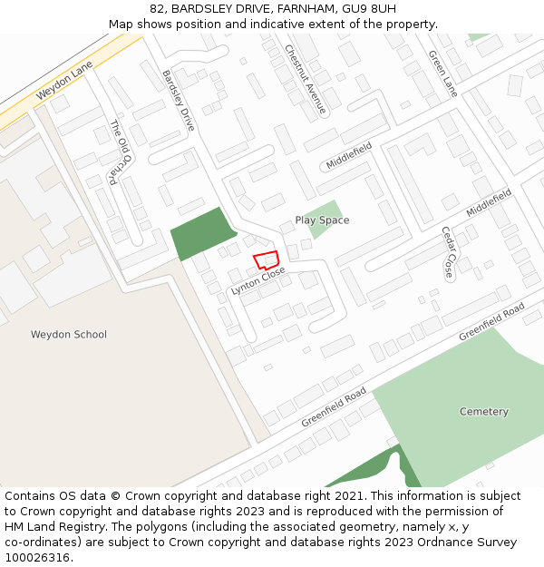 82, BARDSLEY DRIVE, FARNHAM, GU9 8UH: Location map and indicative extent of plot