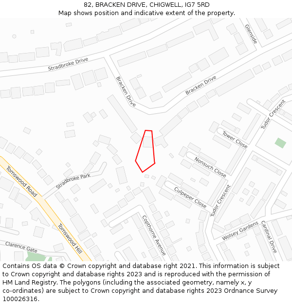 82, BRACKEN DRIVE, CHIGWELL, IG7 5RD: Location map and indicative extent of plot