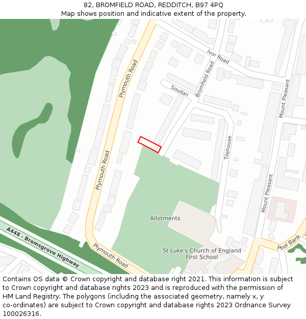 82, BROMFIELD ROAD, REDDITCH, B97 4PQ: Location map and indicative extent of plot