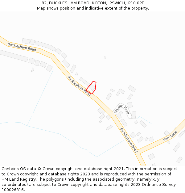 82, BUCKLESHAM ROAD, KIRTON, IPSWICH, IP10 0PE: Location map and indicative extent of plot