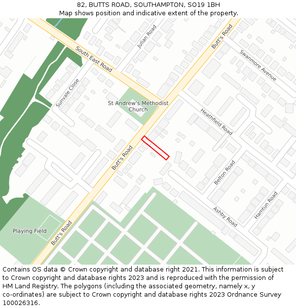 82, BUTTS ROAD, SOUTHAMPTON, SO19 1BH: Location map and indicative extent of plot