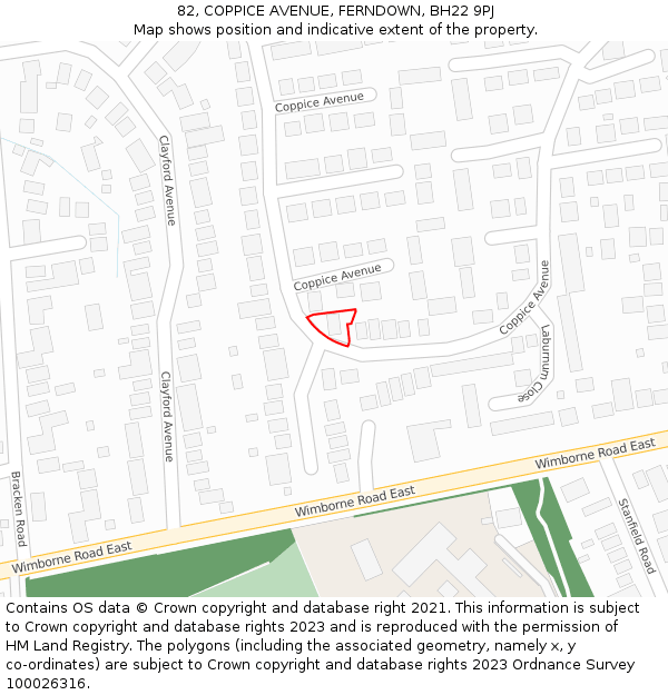 82, COPPICE AVENUE, FERNDOWN, BH22 9PJ: Location map and indicative extent of plot