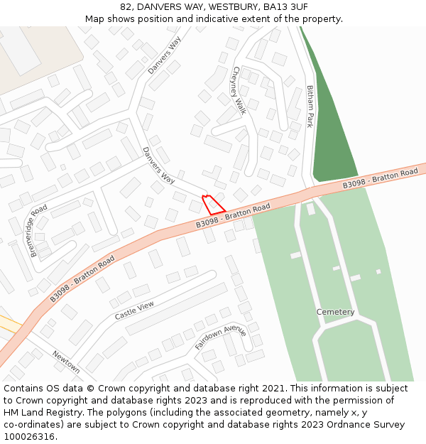 82, DANVERS WAY, WESTBURY, BA13 3UF: Location map and indicative extent of plot