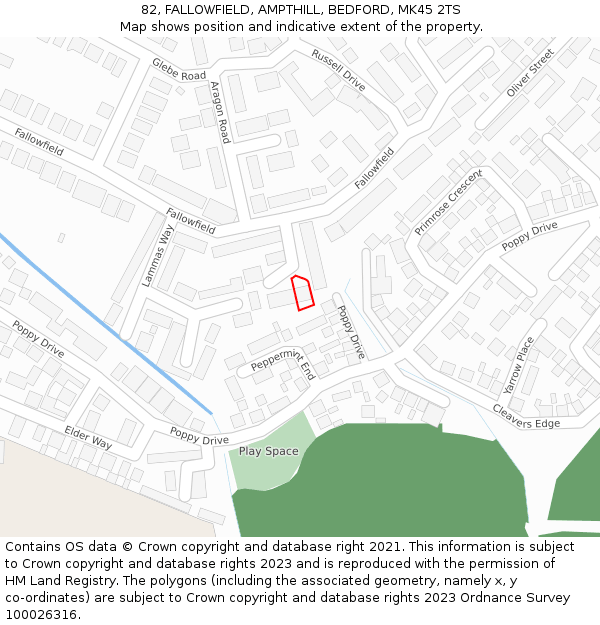 82, FALLOWFIELD, AMPTHILL, BEDFORD, MK45 2TS: Location map and indicative extent of plot