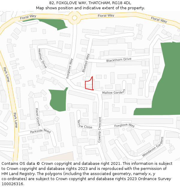 82, FOXGLOVE WAY, THATCHAM, RG18 4DL: Location map and indicative extent of plot