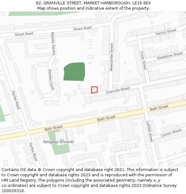 82, GRANVILLE STREET, MARKET HARBOROUGH, LE16 9EX: Location map and indicative extent of plot
