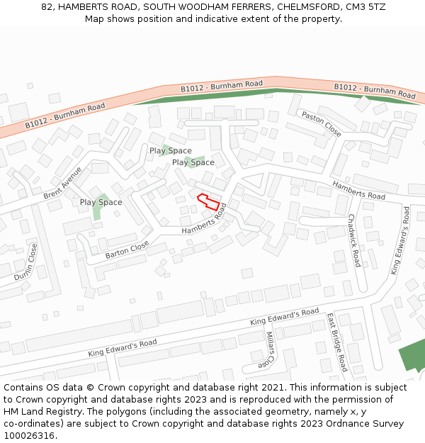 82, HAMBERTS ROAD, SOUTH WOODHAM FERRERS, CHELMSFORD, CM3 5TZ: Location map and indicative extent of plot