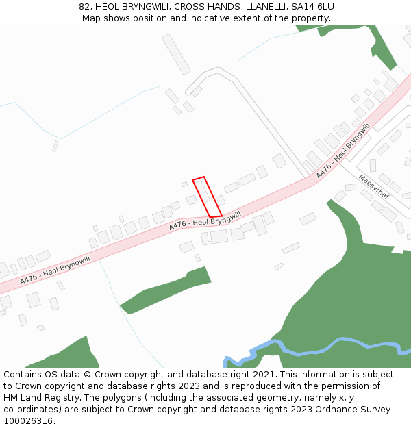 82, HEOL BRYNGWILI, CROSS HANDS, LLANELLI, SA14 6LU: Location map and indicative extent of plot
