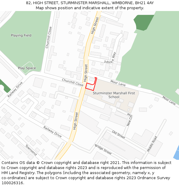 82, HIGH STREET, STURMINSTER MARSHALL, WIMBORNE, BH21 4AY: Location map and indicative extent of plot
