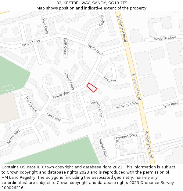 82, KESTREL WAY, SANDY, SG19 2TS: Location map and indicative extent of plot