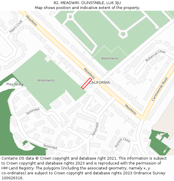 82, MEADWAY, DUNSTABLE, LU6 3JU: Location map and indicative extent of plot