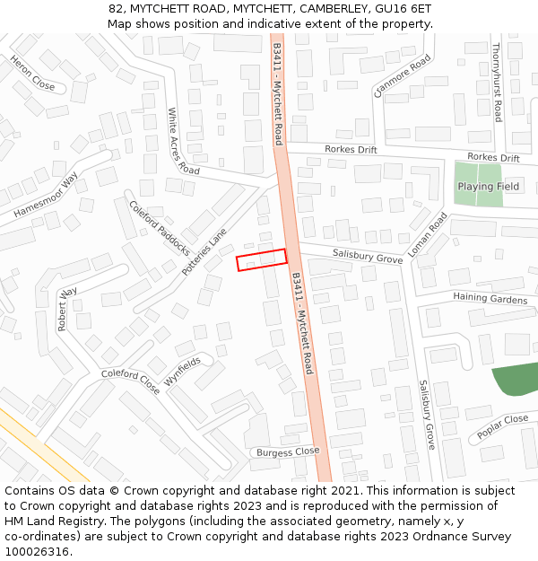 82, MYTCHETT ROAD, MYTCHETT, CAMBERLEY, GU16 6ET: Location map and indicative extent of plot