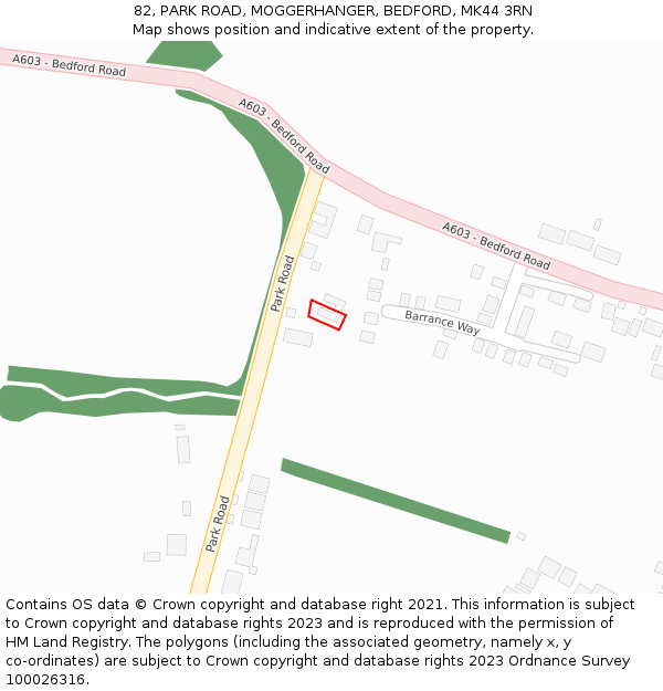 82, PARK ROAD, MOGGERHANGER, BEDFORD, MK44 3RN: Location map and indicative extent of plot