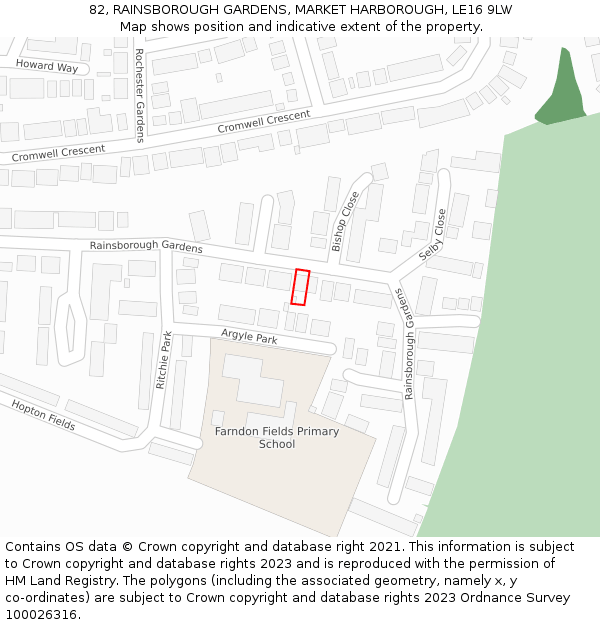 82, RAINSBOROUGH GARDENS, MARKET HARBOROUGH, LE16 9LW: Location map and indicative extent of plot
