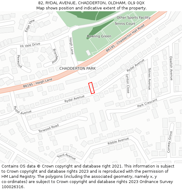 82, RYDAL AVENUE, CHADDERTON, OLDHAM, OL9 0QX: Location map and indicative extent of plot