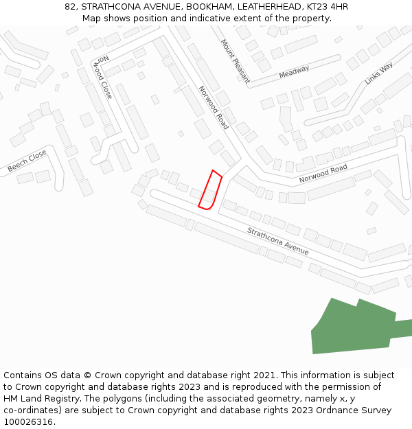 82, STRATHCONA AVENUE, BOOKHAM, LEATHERHEAD, KT23 4HR: Location map and indicative extent of plot