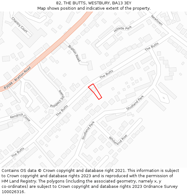 82, THE BUTTS, WESTBURY, BA13 3EY: Location map and indicative extent of plot