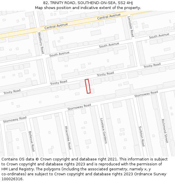 82, TRINITY ROAD, SOUTHEND-ON-SEA, SS2 4HJ: Location map and indicative extent of plot