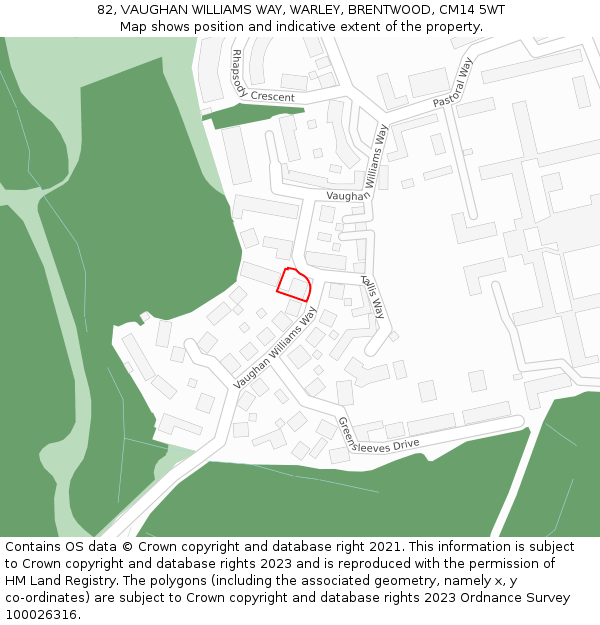 82, VAUGHAN WILLIAMS WAY, WARLEY, BRENTWOOD, CM14 5WT: Location map and indicative extent of plot