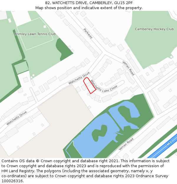 82, WATCHETTS DRIVE, CAMBERLEY, GU15 2PF: Location map and indicative extent of plot