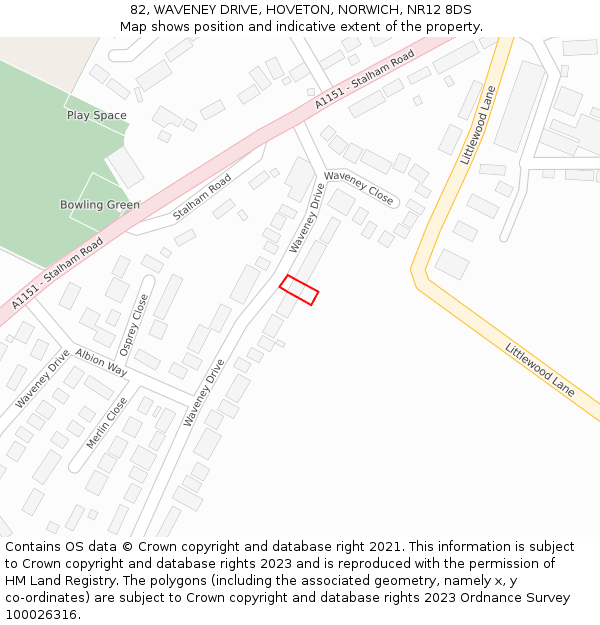 82, WAVENEY DRIVE, HOVETON, NORWICH, NR12 8DS: Location map and indicative extent of plot