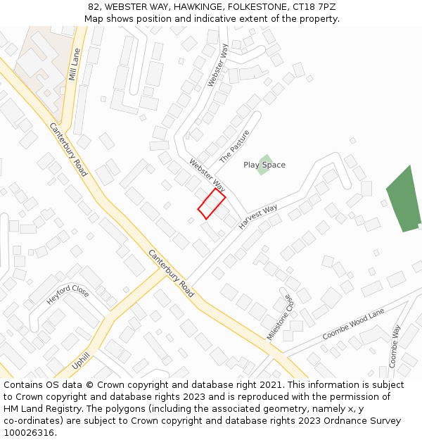 82, WEBSTER WAY, HAWKINGE, FOLKESTONE, CT18 7PZ: Location map and indicative extent of plot