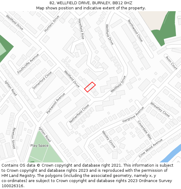 82, WELLFIELD DRIVE, BURNLEY, BB12 0HZ: Location map and indicative extent of plot