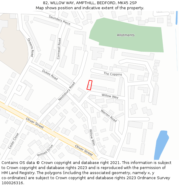 82, WILLOW WAY, AMPTHILL, BEDFORD, MK45 2SP: Location map and indicative extent of plot