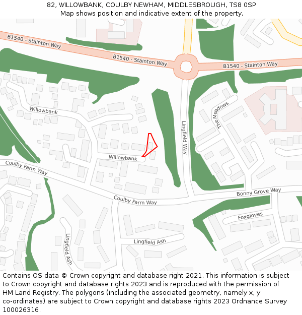 82, WILLOWBANK, COULBY NEWHAM, MIDDLESBROUGH, TS8 0SP: Location map and indicative extent of plot