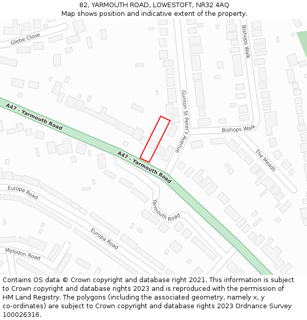82, YARMOUTH ROAD, LOWESTOFT, NR32 4AQ: Location map and indicative extent of plot
