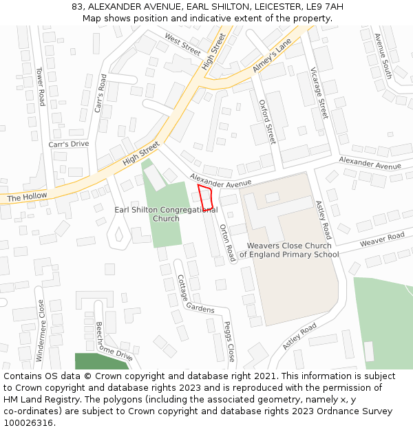 83, ALEXANDER AVENUE, EARL SHILTON, LEICESTER, LE9 7AH: Location map and indicative extent of plot