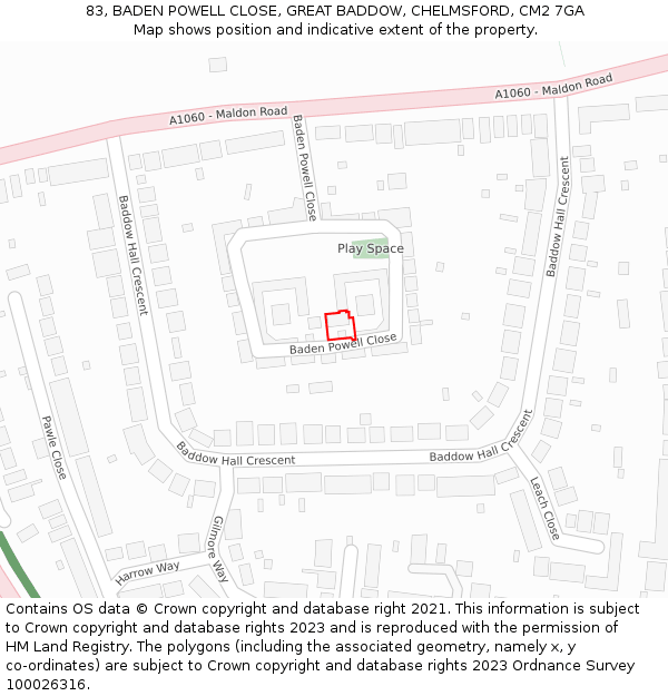 83, BADEN POWELL CLOSE, GREAT BADDOW, CHELMSFORD, CM2 7GA: Location map and indicative extent of plot