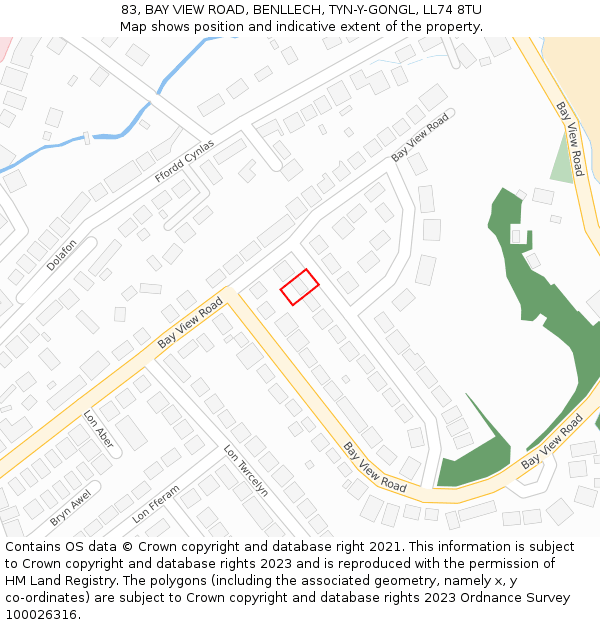 83, BAY VIEW ROAD, BENLLECH, TYN-Y-GONGL, LL74 8TU: Location map and indicative extent of plot