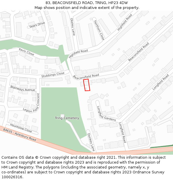 83, BEACONSFIELD ROAD, TRING, HP23 4DW: Location map and indicative extent of plot