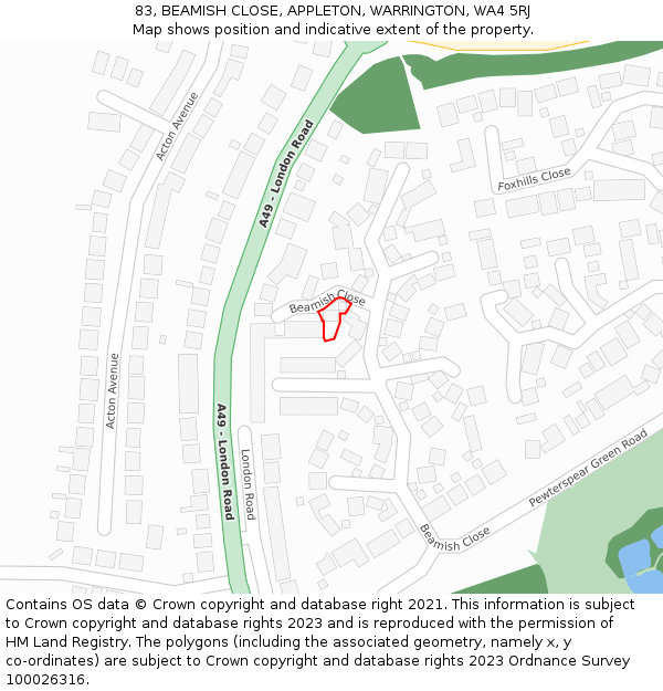 83, BEAMISH CLOSE, APPLETON, WARRINGTON, WA4 5RJ: Location map and indicative extent of plot
