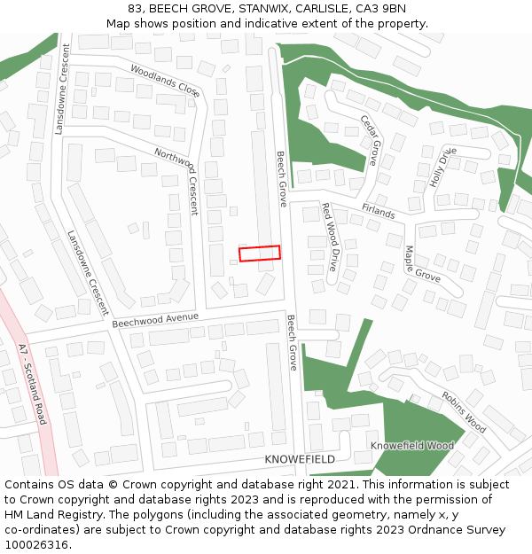 83, BEECH GROVE, STANWIX, CARLISLE, CA3 9BN: Location map and indicative extent of plot