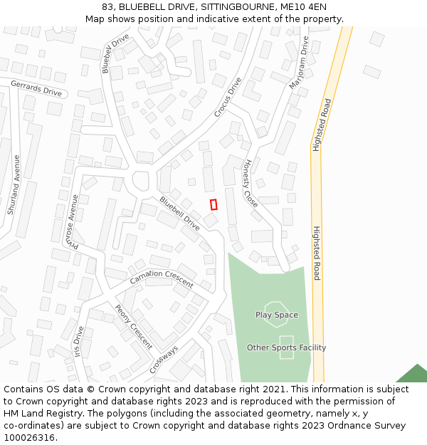 83, BLUEBELL DRIVE, SITTINGBOURNE, ME10 4EN: Location map and indicative extent of plot